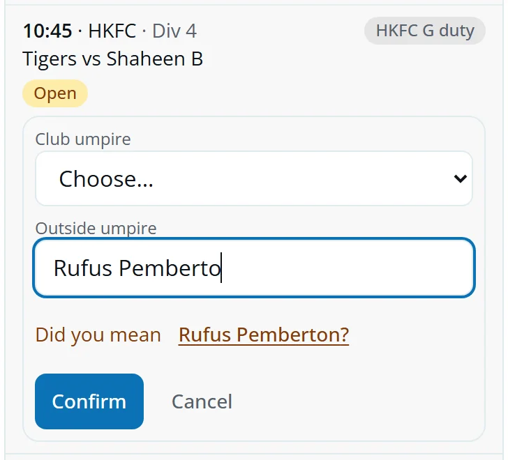 An outside umpire's name being typed, with Did you mean Rufus Pemberton?